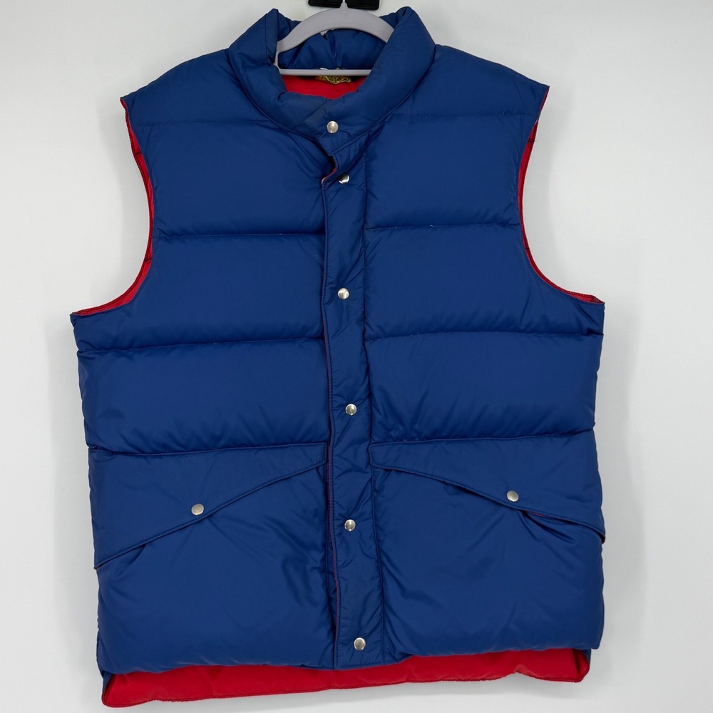 Vintage CB Sports Down Puffer Vest Blue Red Snap Front Ski Outdoor 80s 90s